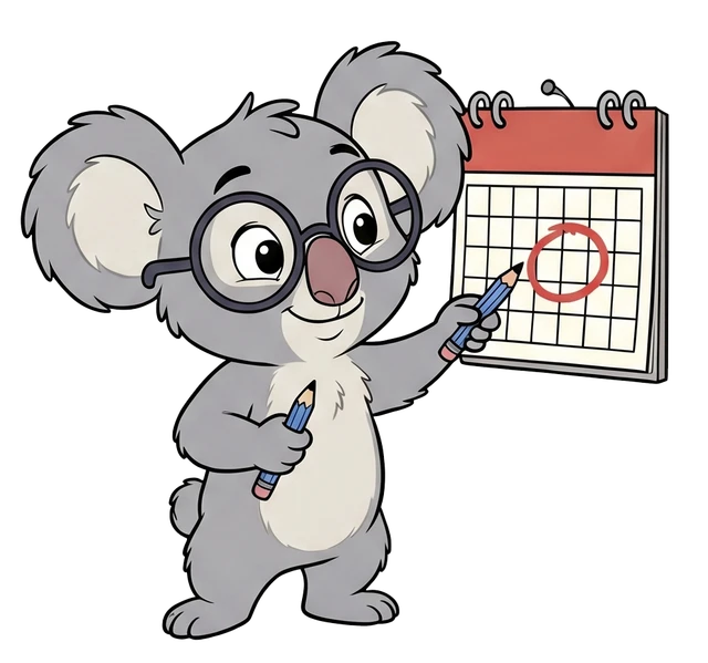 Coco, la mascota de EnglishLab, señalando un calendario de clases