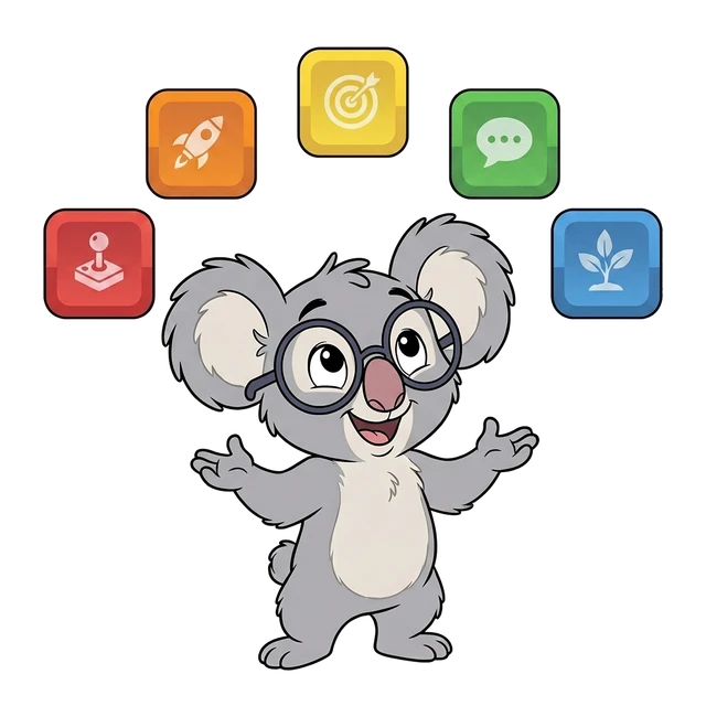 Coco, la mascota de EnglishLab, mostrando los cinco enfoques de aprendizaje