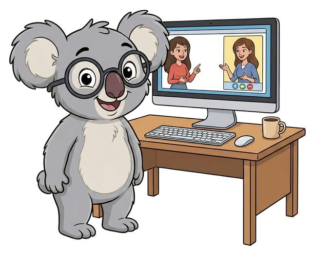 Coco, la mascota de EnglishLab, en una videollamada